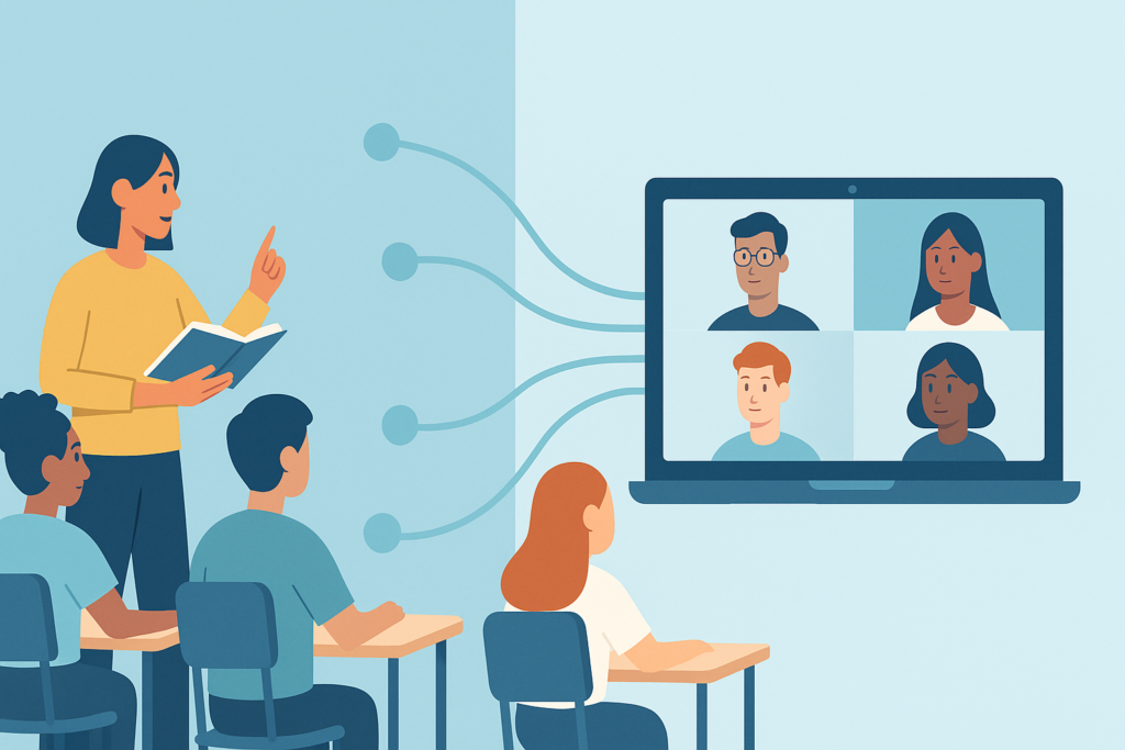 Illustration of students participating in online and in-person learning, representing synchronous and asynchronous formats