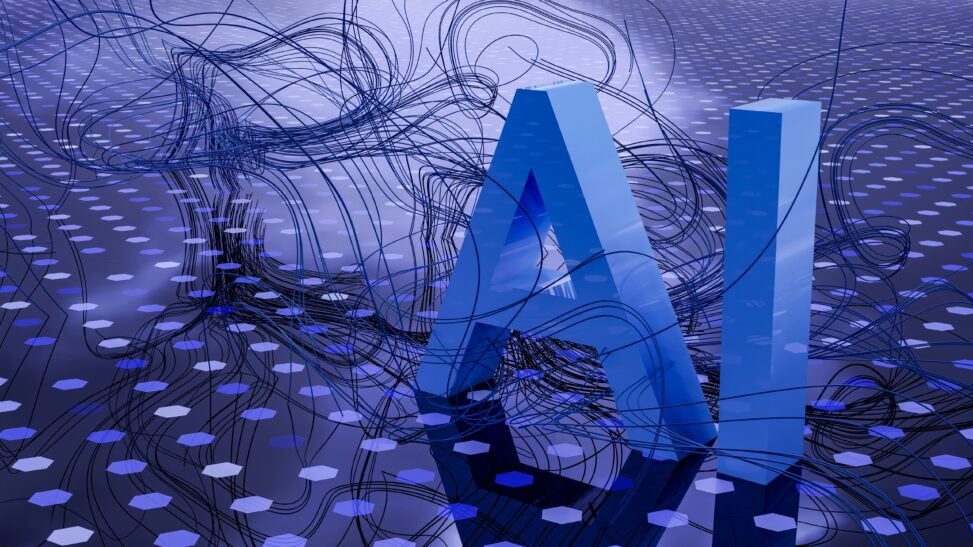 3D blue letters “AI” on a digital background.